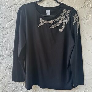 Chicos Black Long Sleeve‎ Crew Neck Embellished Jewel Blouse Top Size Small